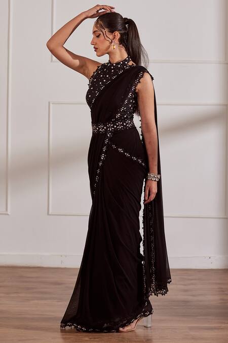 Sonal Pasrija Black Georgette, Organza, Silk Pearls, Pre-draped Saree With Embroidered Blouse Online at Aza Fashions Sonal Pasrija_Black Georgette, Organza, Silk Pearls, Pre-draped Saree With Embroidered Blouse _Online_at_Aza_Fashions
