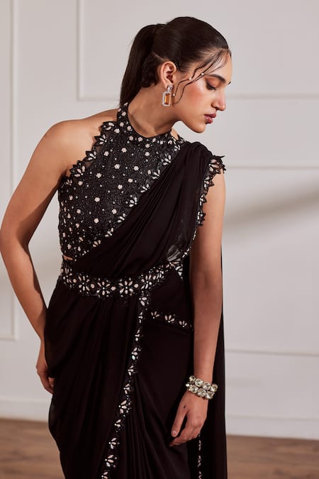 Buy Sonal Pasrija Black Georgette, Organza, Silk Pearls, Pre-draped Saree With Embroidered Blouse Online at Aza Fashions Buy_Sonal Pasrija_Black Georgette, Organza, Silk Pearls, Pre-draped Saree With Embroidered Blouse _Online_at_Aza_Fashions