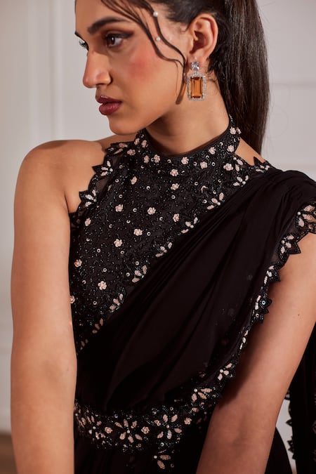 Shop Sonal Pasrija Black Georgette, Organza, Silk Pearls, Pre-draped Saree With Embroidered Blouse Online at Aza Fashions Shop_Sonal Pasrija_Black Georgette, Organza, Silk Pearls, Pre-draped Saree With Embroidered Blouse _Online_at_Aza_Fashions