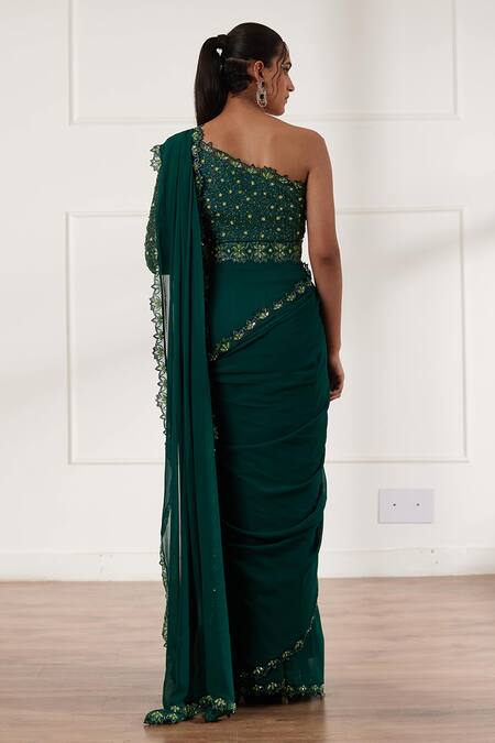 Shop_Sonal Pasrija_Green Georgette, Organza, Net, Silk Sequins, Pre-draped Saree With Blouse _at_Aza_Fashions