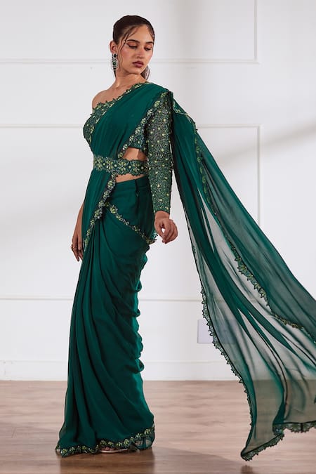 Sonal Pasrija_Green Georgette, Organza, Net, Silk Sequins, Pre-draped Saree With Blouse _Online_at_Aza_Fashions