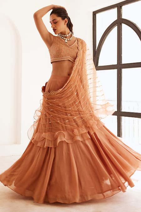 Sonal Pasrija Beige Organza Sequins, Cut Work, Embroidery, Pearls V-neck Lehenga Set Online at Aza Fashions Sonal Pasrija_Beige Organza Sequins, Cut Work, Embroidery, Pearls V-neck Lehenga Set _Online_at_Aza_Fashions