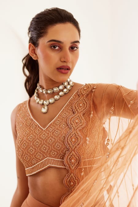 Buy Sonal Pasrija Beige Organza Sequins, Cut Work, Embroidery, Pearls V-neck Lehenga Set Online at Aza Fashions Buy_Sonal Pasrija_Beige Organza Sequins, Cut Work, Embroidery, Pearls V-neck Lehenga Set _Online_at_Aza_Fashions