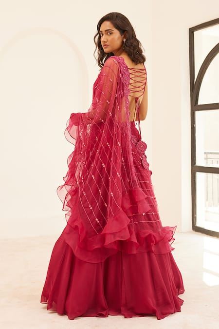 Shop Sonal Pasrija Purple Organza, Net Embroidery, Sequins, Pearls Lehenga Cut Dana Blouse Set at Aza Fashions Shop_Sonal Pasrija_Purple Organza, Net Embroidery, Sequins, Pearls Lehenga Cut Dana Blouse Set _at_Aza_Fashions