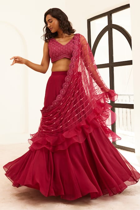 Sonal Pasrija Purple Organza, Net Embroidery, Sequins, Pearls Lehenga Cut Dana Blouse Set Online at Aza Fashions Sonal Pasrija_Purple Organza, Net Embroidery, Sequins, Pearls Lehenga Cut Dana Blouse Set _Online_at_Aza_Fashions