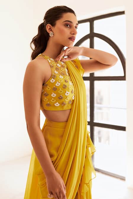 Buy Sonal Pasrija Yellow Georgette, Net, Silk Embroidery Pre-draped Ruffle Saree With Blouse Online at Aza Fashions Buy_Sonal Pasrija_Yellow Georgette, Net, Silk Embroidery Pre-draped Ruffle Saree With Blouse _Online_at_Aza_Fashions
