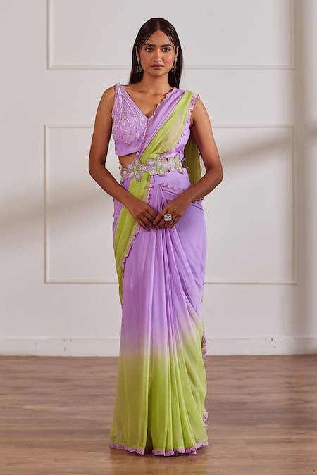 Sonal Pasrija Purple Georgette, Silk Pearls, Sequins, Pre-draped Ombre Saree And Blouse Set
