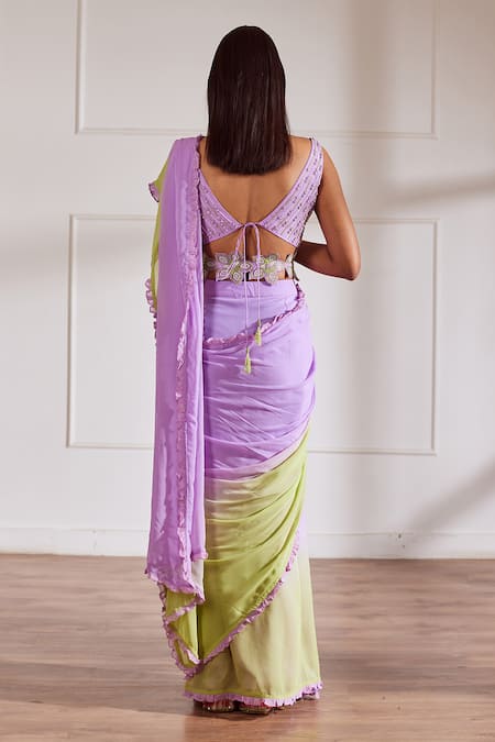 Shop Sonal Pasrija Purple Georgette, Silk Pearls, Sequins, Pre-draped Ombre Saree And Blouse Set at Aza Fashions Shop_Sonal Pasrija_Purple Georgette, Silk Pearls, Sequins, Pre-draped Ombre Saree And Blouse Set _at_Aza_Fashions