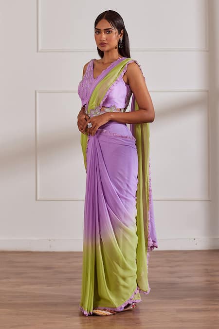 Sonal Pasrija Purple Georgette, Silk Pearls, Sequins, Pre-draped Ombre Saree And Blouse Set Online at Aza Fashions Sonal Pasrija_Purple Georgette, Silk Pearls, Sequins, Pre-draped Ombre Saree And Blouse Set _Online_at_Aza_Fashions
