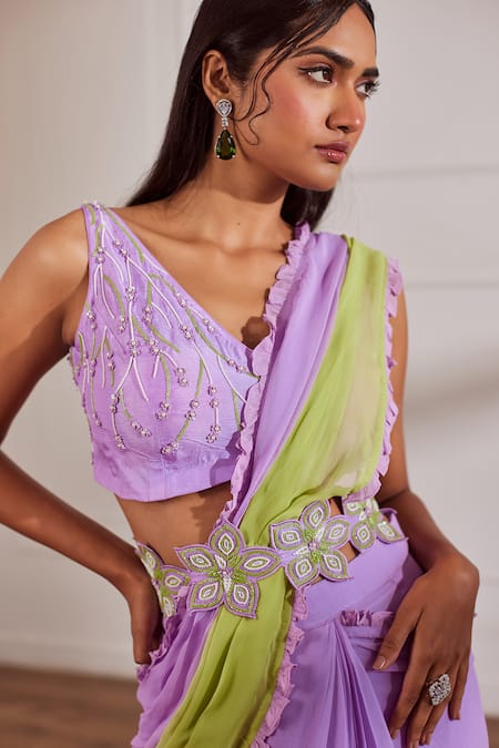 Buy Sonal Pasrija Purple Georgette, Silk Pearls, Sequins, Pre-draped Ombre Saree And Blouse Set Online at Aza Fashions Buy_Sonal Pasrija_Purple Georgette, Silk Pearls, Sequins, Pre-draped Ombre Saree And Blouse Set _Online_at_Aza_Fashions