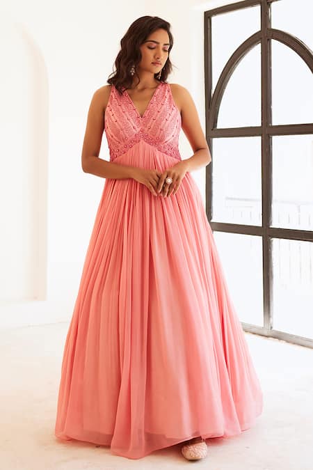 Sonal Pasrija Peach Georgette, Net, Linen, Silk Cutdana Embellished Yoke Anarkali With Dupatta Online at Aza Fashions Sonal Pasrija_Peach Georgette, Net, Linen, Silk Cutdana Embellished Yoke Anarkali With Dupatta _Online_at_Aza_Fashions