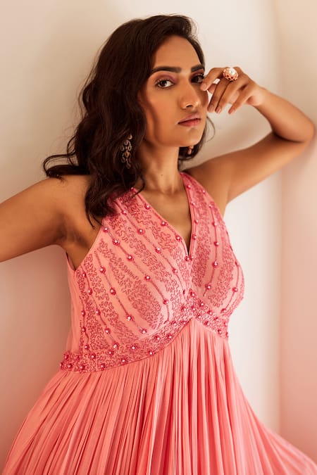 Buy Sonal Pasrija Peach Georgette, Net, Linen, Silk Cutdana Embellished Yoke Anarkali With Dupatta Online at Aza Fashions Buy_Sonal Pasrija_Peach Georgette, Net, Linen, Silk Cutdana Embellished Yoke Anarkali With Dupatta _Online_at_Aza_Fashions