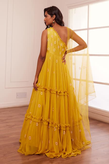 Shop Sonal Pasrija Yellow Georgette, Net, Linen Pearls, Sequins, Embellished Anarkali With Dupatta at Aza Fashions Shop_Sonal Pasrija_Yellow Georgette, Net, Linen Pearls, Sequins, Embellished Anarkali With Dupatta _at_Aza_Fashions
