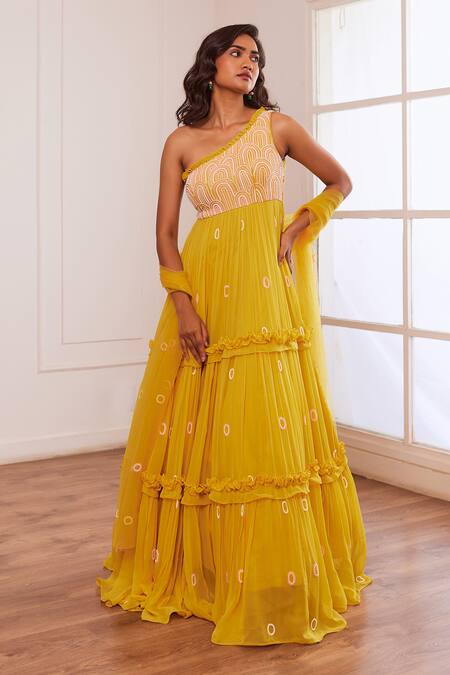 Sonal Pasrija Yellow Georgette, Net, Linen Pearls, Sequins, Embellished Anarkali With Dupatta Online at Aza Fashions Sonal Pasrija_Yellow Georgette, Net, Linen Pearls, Sequins, Embellished Anarkali With Dupatta _Online_at_Aza_Fashions