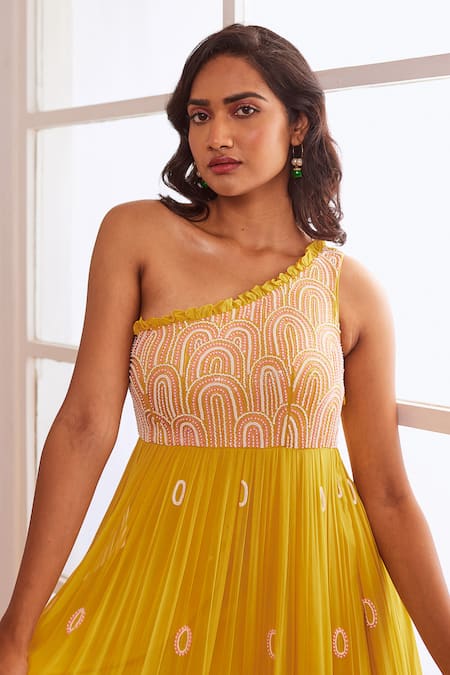 Buy Sonal Pasrija Yellow Georgette, Net, Linen Pearls, Sequins, Embellished Anarkali With Dupatta Online at Aza Fashions Buy_Sonal Pasrija_Yellow Georgette, Net, Linen Pearls, Sequins, Embellished Anarkali With Dupatta _Online_at_Aza_Fashions