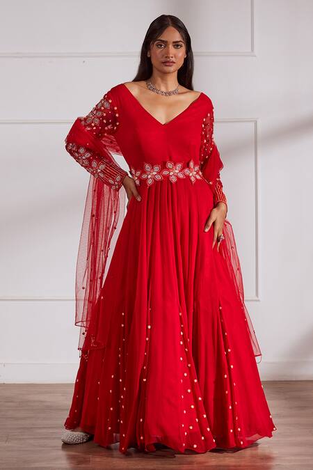 Sonal Pasrija_Red Georgette, Net, Silk Pearls, Placed Embellished Anarkali With Dupatta _Online_at_Aza_Fashions