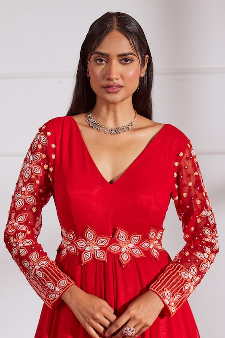 Buy_Sonal Pasrija_Red Georgette, Net, Silk Pearls, Placed Embellished Anarkali With Dupatta _Online_at_Aza_Fashions