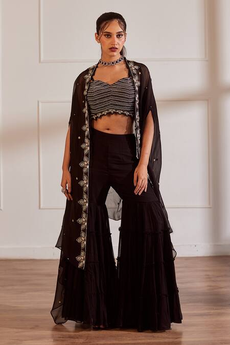 Sonal Pasrija_Black Georgette, Viscose, Organza, Sheer Cutdana Embellished Cape Gharara Set _Online_at_Aza_Fashions