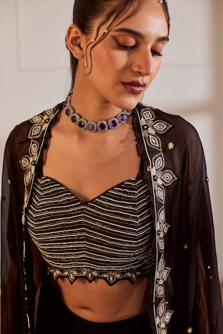 Buy_Sonal Pasrija_Black Georgette, Viscose, Organza, Sheer Cutdana Embellished Cape Gharara Set _Online_at_Aza_Fashions