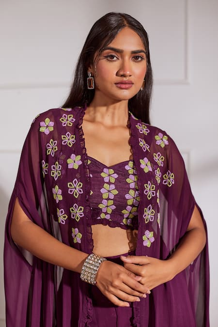 Sonal Pasrija Wine Georgette, Silk Embroidery, Cut Flower Cutdana Embellished Cape Sharara Set Online at Aza Fashions Sonal Pasrija_Wine Georgette, Silk Embroidery, Cut Flower Cutdana Embellished Cape Sharara Set _Online_at_Aza_Fashions