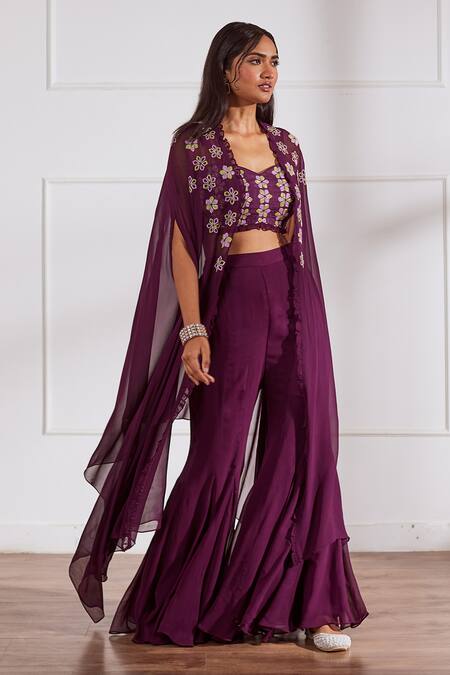 Buy Sonal Pasrija Wine Georgette, Silk Embroidery, Cut Flower Cutdana Embellished Cape Sharara Set Online at Aza Fashions Buy_Sonal Pasrija_Wine Georgette, Silk Embroidery, Cut Flower Cutdana Embellished Cape Sharara Set _Online_at_Aza_Fashions