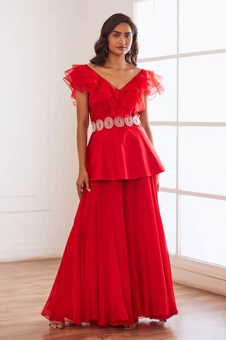 Sonal Pasrija Red Georgette, Organza, Silk Cut Work, Sequins, Ruffled Peplum Top Sharara Set 