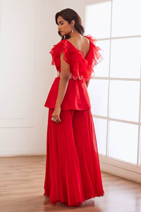 Shop Sonal Pasrija Red Georgette, Organza, Silk Cut Work, Sequins, Ruffled Peplum Top Sharara Set at Aza Fashions Shop_Sonal Pasrija_Red Georgette, Organza, Silk Cut Work, Sequins, Ruffled Peplum Top Sharara Set _at_Aza_Fashions