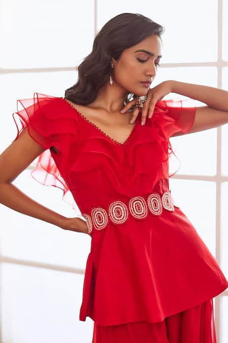 Sonal Pasrija Red Georgette, Organza, Silk Cut Work, Sequins, Ruffled Peplum Top Sharara Set Online at Aza Fashions Sonal Pasrija_Red Georgette, Organza, Silk Cut Work, Sequins, Ruffled Peplum Top Sharara Set _Online_at_Aza_Fashions
