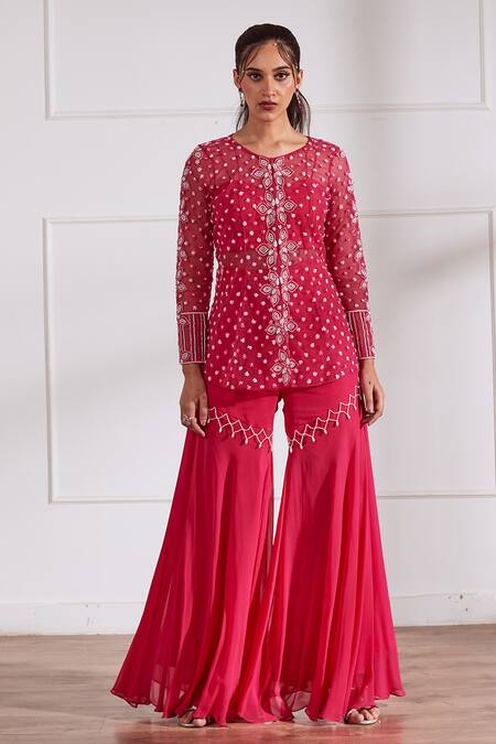 Sonal Pasrija_Fuchsia Organza, Georgette, Silk Embellished Sheer Peplum Top Gharara Set _Online_at_Aza_Fashions
