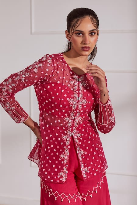 Buy_Sonal Pasrija_Fuchsia Organza, Georgette, Silk Embellished Sheer Peplum Top Gharara Set _Online_at_Aza_Fashions