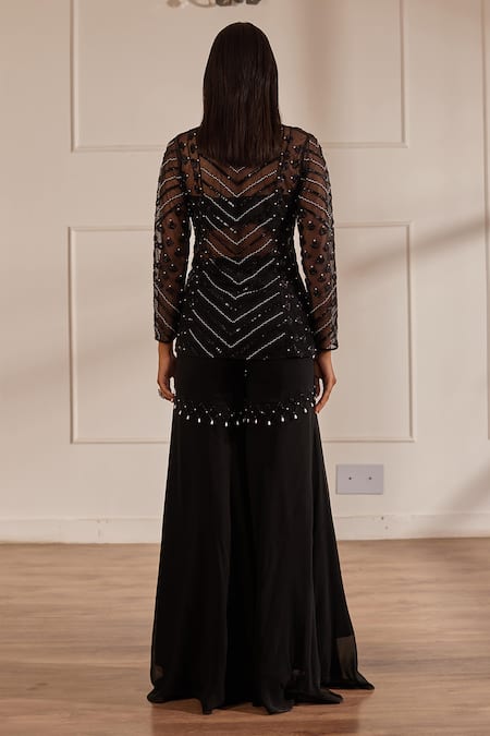 Shop Sonal Pasrija Black Georgette, Net, Silk, Tonal Cutdana Embellished Peplum Top Gharara Set at Aza Fashions Shop_Sonal Pasrija_Black Georgette, Net, Silk, Tonal Cutdana Embellished Peplum Top Gharara Set _at_Aza_Fashions