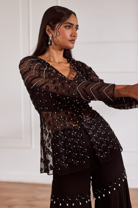Sonal Pasrija Black Georgette, Net, Silk, Tonal Cutdana Embellished Peplum Top Gharara Set Online at Aza Fashions Sonal Pasrija_Black Georgette, Net, Silk, Tonal Cutdana Embellished Peplum Top Gharara Set _Online_at_Aza_Fashions