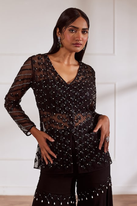 Buy Sonal Pasrija Black Georgette, Net, Silk, Tonal Cutdana Embellished Peplum Top Gharara Set Online at Aza Fashions Buy_Sonal Pasrija_Black Georgette, Net, Silk, Tonal Cutdana Embellished Peplum Top Gharara Set _Online_at_Aza_Fashions