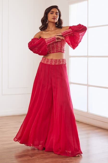 Sonal Pasrija_Fuchsia Georgette, Net, Linen Embroidery, Cut Embellished Off Top With Sharara _Online_at_Aza_Fashions