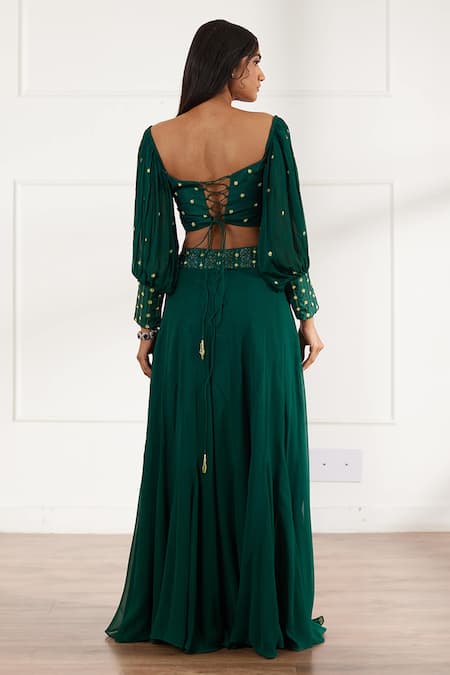 Shop Sonal Pasrija Green Georgette, Net, Silk Cut Work, Pearls, Off Embellished Top With Sharara at Aza Fashions Shop_Sonal Pasrija_Green Georgette, Net, Silk Cut Work, Pearls, Off Embellished Top With Sharara _at_Aza_Fashions