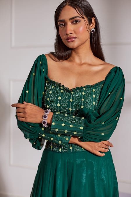 Shop Sonal Pasrija Green Georgette, Net, Silk Cut Work, Pearls, Off Embellished Top With Sharara Online at Aza Fashions Shop_Sonal Pasrija_Green Georgette, Net, Silk Cut Work, Pearls, Off Embellished Top With Sharara _Online_at_Aza_Fashions
