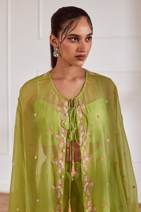 Sonal Pasrija Green Georgette, Silk, Viscose Floral Cutdana Embellished Sheer Cape Sharara Set Online at Aza Fashions Sonal Pasrija_Green Georgette, Silk, Viscose Floral Cutdana Embellished Sheer Cape Sharara Set _Online_at_Aza_Fashions