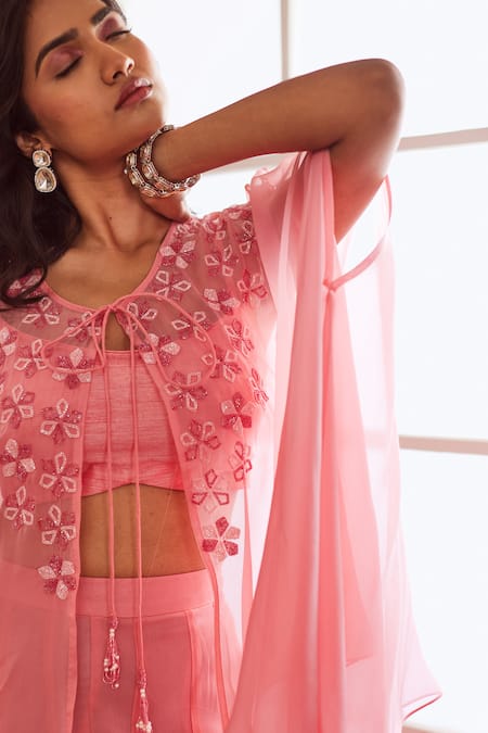 Buy Sonal Pasrija Pink Georgette, Viscose, Silk Cut Floral Crystal Embellished Cape Sharara Set Online at Aza Fashions Buy_Sonal Pasrija_Pink Georgette, Viscose, Silk Cut Floral Crystal Embellished Cape Sharara Set _Online_at_Aza_Fashions