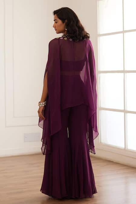Shop Sonal Pasrija Wine Georgette, Viscose Embroidery, Crystal Embellished Border Cape Sharara Set at Aza Fashions Shop_Sonal Pasrija_Wine Georgette, Viscose Embroidery, Crystal Embellished Border Cape Sharara Set _at_Aza_Fashions