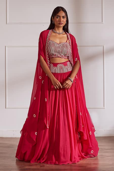 Sonal Pasrija Fuchsia Silk Pearls, Sequins, Cut Work Sweetheart Embellished Cape Lehenga Set Online at Aza Fashions Sonal Pasrija_Fuchsia Silk Pearls, Sequins, Cut Work Sweetheart Embellished Cape Lehenga Set _Online_at_Aza_Fashions