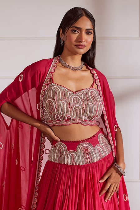 Buy Sonal Pasrija Fuchsia Silk Pearls, Sequins, Cut Work Sweetheart Embellished Cape Lehenga Set Online at Aza Fashions Buy_Sonal Pasrija_Fuchsia Silk Pearls, Sequins, Cut Work Sweetheart Embellished Cape Lehenga Set _Online_at_Aza_Fashions