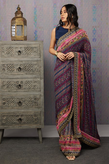 Soup By Sougat Paul_Blue Crepe, Chiffon, Leather Ikaya Printed Pre-stitched Saree With Blouse _Online_at_Aza_Fashions