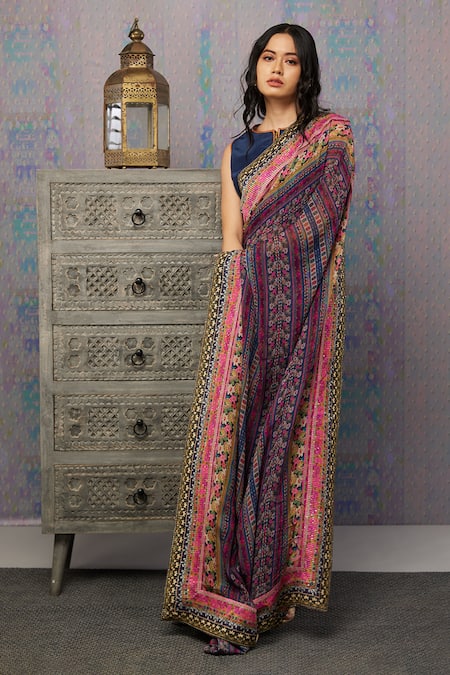Buy_Soup By Sougat Paul_Blue Crepe, Chiffon, Leather Ikaya Printed Pre-stitched Saree With Blouse _Online_at_Aza_Fashions