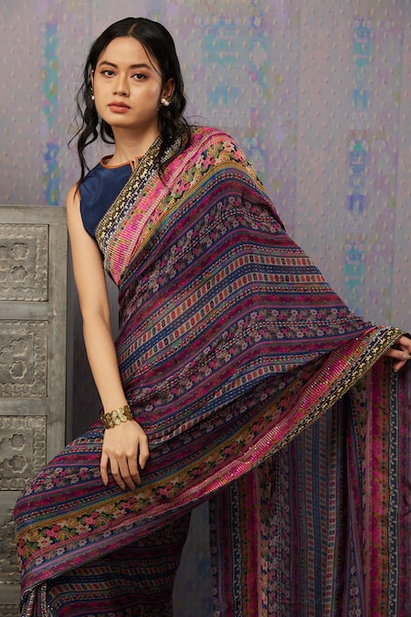 Shop_Soup By Sougat Paul_Blue Crepe, Chiffon, Leather Ikaya Printed Pre-stitched Saree With Blouse _Online_at_Aza_Fashions