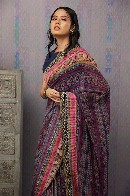 Soup By Sougat Paul_Blue Crepe, Chiffon, Leather Ikaya Printed Pre-stitched Saree With Blouse _at_Aza_Fashions