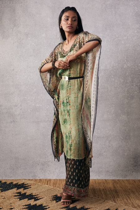 Soup By Sougat Paul Multi Color Crepe Embroidery Round Neck Ikaya Kaftan Set With Belt Online at Aza Fashions Soup By Sougat Paul_Multi Color Crepe Embroidery Round Neck Ikaya Kaftan Set With Belt _Online_at_Aza_Fashions