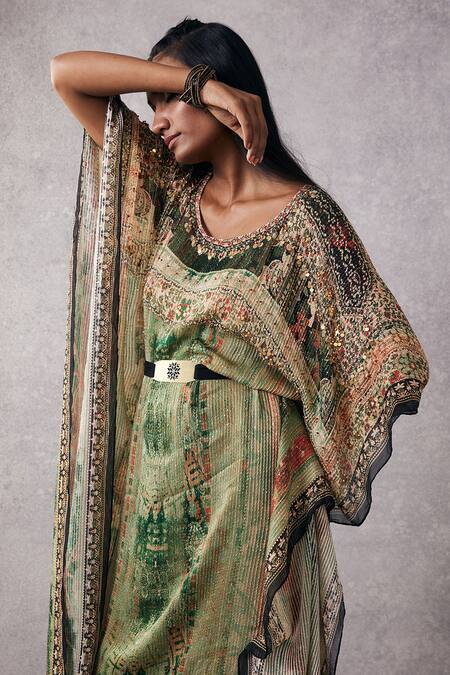 Shop Soup By Sougat Paul Multi Color Crepe Embroidery Round Neck Ikaya Kaftan Set With Belt Online at Aza Fashions Shop_Soup By Sougat Paul_Multi Color Crepe Embroidery Round Neck Ikaya Kaftan Set With Belt _Online_at_Aza_Fashions