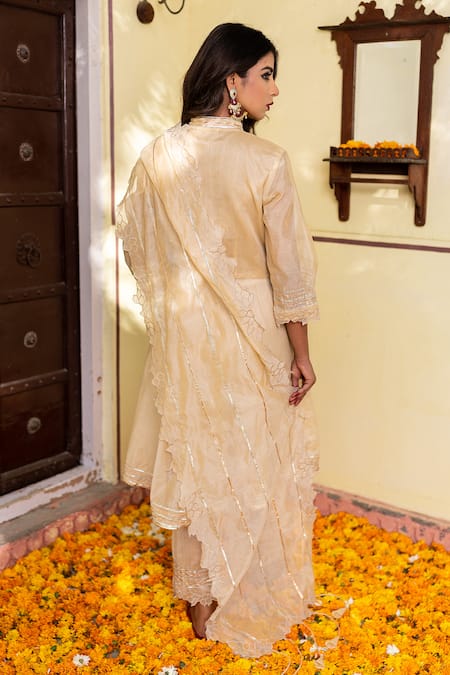Shop The Home Affair Beige Chanderi Gota Patti, Cut Work High Neck Embroidered Kurta Set at Aza Fashions Shop_The Home Affair_Beige Chanderi Gota Patti, Cut Work High Neck Embroidered Kurta Set _at_Aza_Fashions