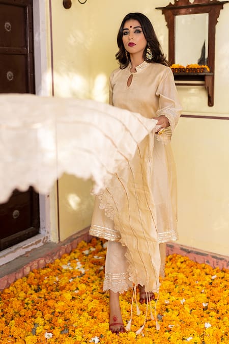 Buy The Home Affair Beige Chanderi Gota Patti, Cut Work High Neck Embroidered Kurta Set Online at Aza Fashions Buy_The Home Affair_Beige Chanderi Gota Patti, Cut Work High Neck Embroidered Kurta Set _Online_at_Aza_Fashions