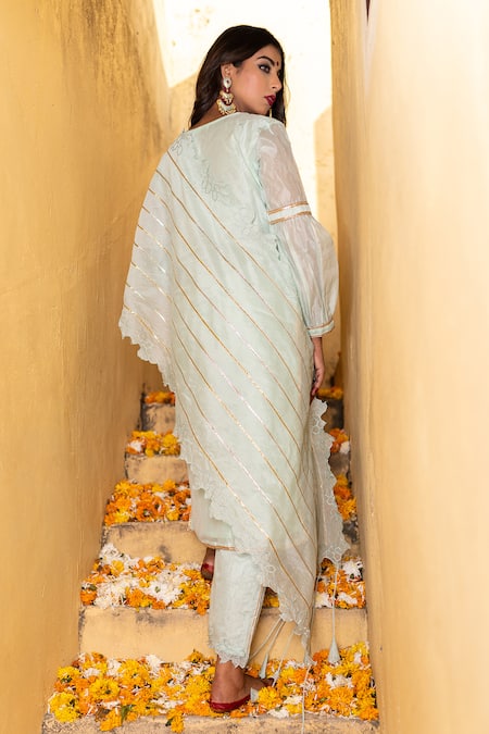 Shop The Home Affair Blue Chanderi Gota Patti, Cut Work V-neck Kurta Set at Aza Fashions Shop_The Home Affair_Blue Chanderi Gota Patti, Cut Work V-neck Kurta Set _at_Aza_Fashions